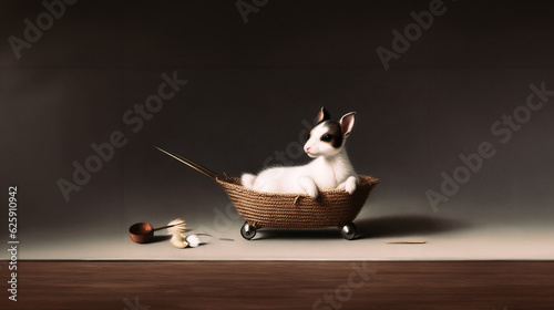 illustrazione con raffigurazione di cucciolo di animale di fantasia in carrellino da trasporto e oggetti sparsi, sfondo di luce diffusa, stile pittorico photo