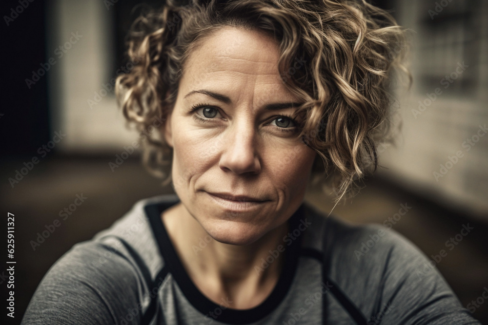 Close up portrait of fit woman in her 40s with grit and character, gym background