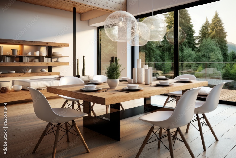 Interior of modern dining room with panoramic window. 3d rendering