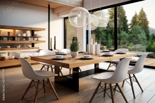 Interior of modern dining room with panoramic window. 3d rendering © Angus.YW