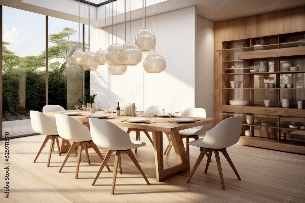 Interior of modern dining room with white walls, wooden floor, panoramic windows and wooden table with white chairs. 3d rendering
