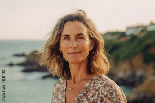 Portrait of an attractive woman in her 50s enjoying a vacation at sea, nature background