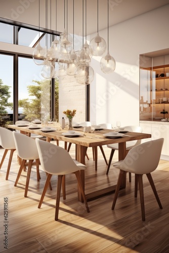 Contemporary dining room interior with white walls, wooden floor, round tables and white chairs. 3d rendering © Angus.YW