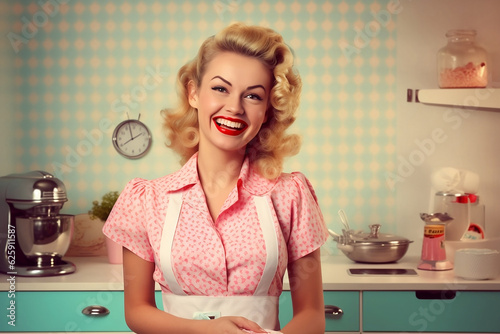 Happy retro stereotypical housewife woman on pastel background photo
