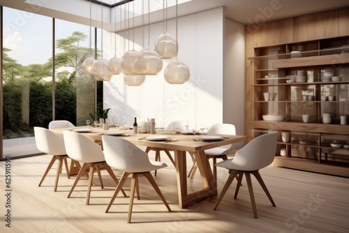 Interior of modern dining room with white walls, wooden floor, panoramic windows and wooden table with white chairs. 3d rendering © Angus.YW