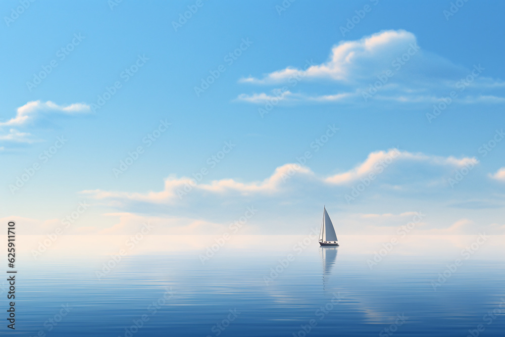 Single sailing boat that sails on the wide and calm ocean - obrazy, fototapety, plakaty 