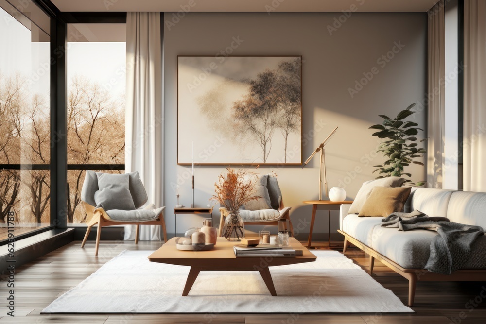 Fototapeta premium Interior of modern living room with beige walls, wooden floor, comfortable sofa, coffee table and armchair. 3d rendering
