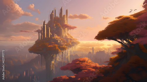 Ascend to the breathtaking heights of Skyward Sanctuary, a city that floats amidst the clouds. The scene is set at sunset, with the sky painted in hues of gold and pink. The floating city is supported © Alin