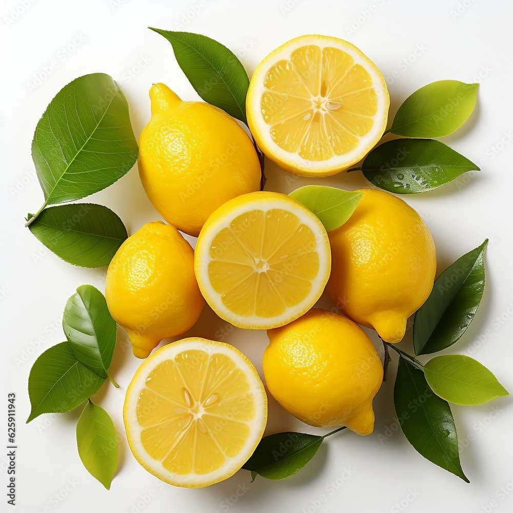 Lemons isolated on white background. Lemons and leaves. Citrus. Organic. Vegan. Lemons with green leaves. Lemon flat lay. Vegan. Lemons flat lay, lime