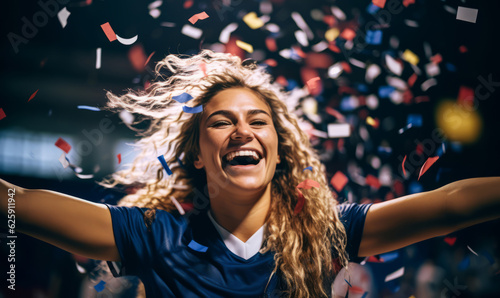 Portrait of a happy female football sport player celebrating winning with confetti falling