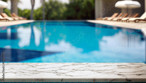 Empty marble table in front with blurred background of swimming pool