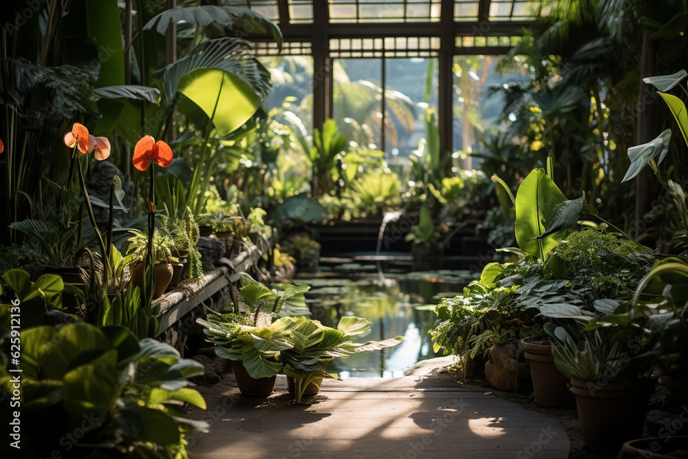 exotic plants and foliage in a tropical greenhouse, showcasing the diversity of plant species and their unique environments Generative AI