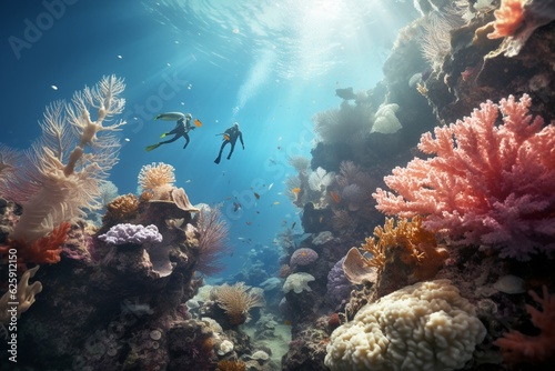 Photograph of people diving on vibrant coral reefs  Generative AI