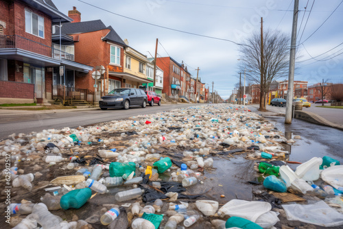 A concerning scene of littered plastic and garbage scattered on the street, highlighting the urgent need for waste management and environmental protection. AI generative