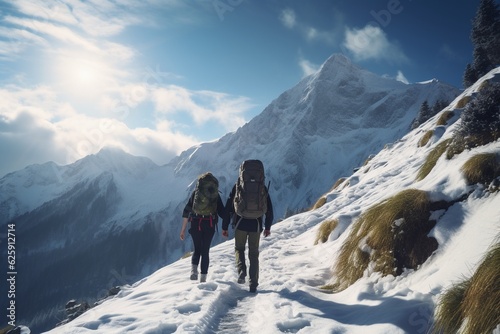 Photograph of couples exploring snowy mountain trails, Generative AI