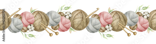 Yarn balls, balls of wool, skeins of yarn, wooden knitting needles, hook and cotton flower and leaves. Watercolor seamless border. For product packaging design, knitter blog,needlework store