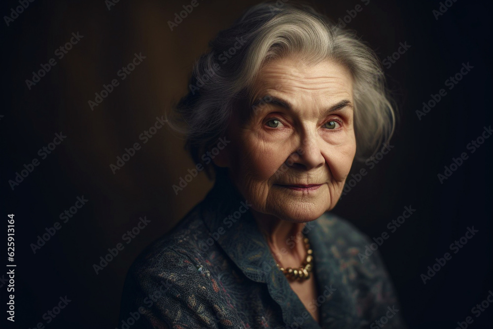 Portrait of aged lady in her 80s looking at the camera with intense stare, neutral background