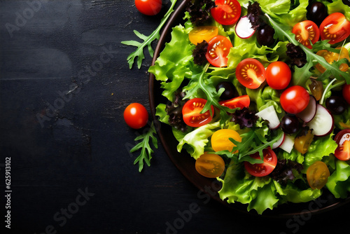 green salad background dark vegetarian fresh food healthy diet vegetable freshness. Generative AI.