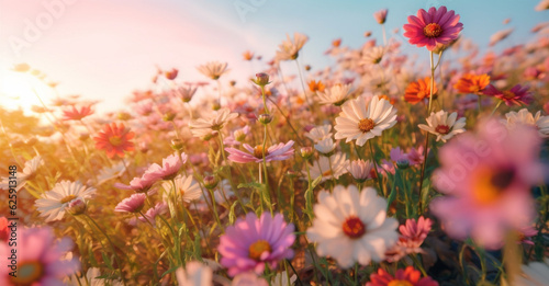 outdoor violet pink flower blooming sunset nature beautiful background field meadow. Generative AI.