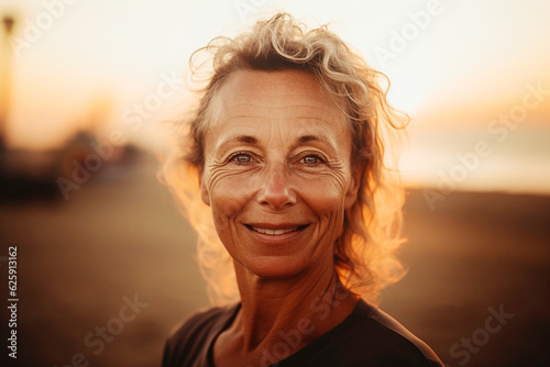 Portrait of a happy woman in her 60s looking at the camera at sunset on a beautifull sea beach