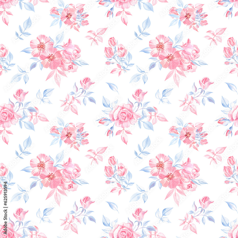 Obraz premium Ditsy pattern with the pink roses and blue leaves on a transparent background. Pastel color palette, elements are painted with watercolors. For the home textile, kids clothing, wrapping paper