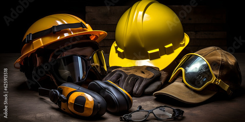 construction helmet, Two Yellow Hard Hats Are Sitting Around A Table Background, generative Ai © Mustafa