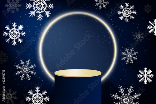 Winter Christmas studio interior background banner with 3d rendered podium for product display and 3d white snowflakes with white and gold glowing ring in center. Vector Illustration. EPS 10.