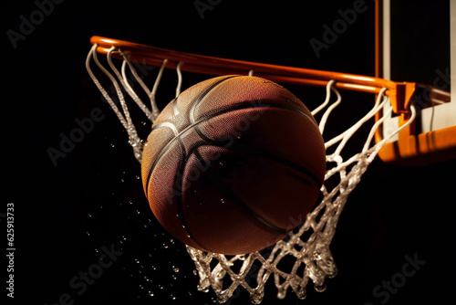 Basketball game player in action, ball out of the hoop on black background with water drops
