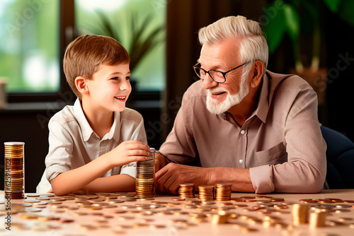 Grandpa and grandson saving money. Grandfather teaching grandchild how to save money.