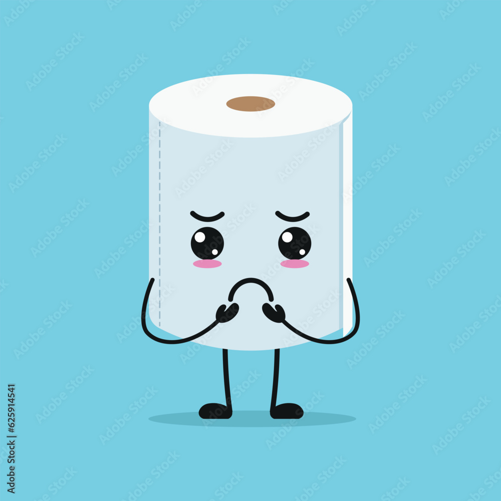 Cute gloomy toilet paper character. Funny sad tissue cartoon emoticon in flat style emoji vector illustration