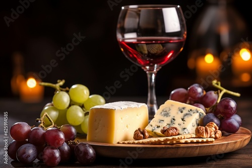 Glass of red wine with cheese, grapes and crackers on wooden board