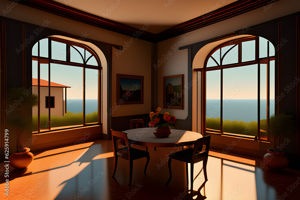 Naklejka premium modern living room. Inside the house with a view of the sea. generative AI