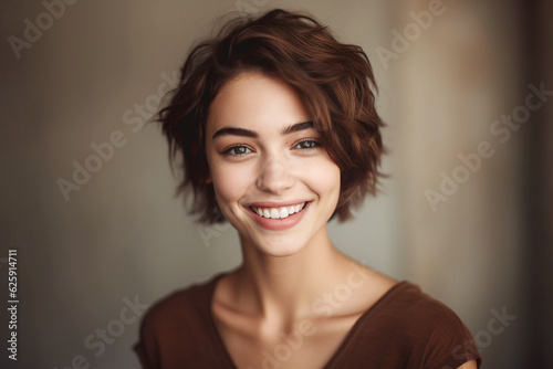 Print op canvas Beautiful portrait of girl with shining eyes and big smile, neutral background
