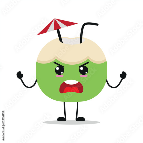 Cute angry slice coconut character. Funny furious coconut cartoon emoticon in flat style. fruit emoji vector illustration