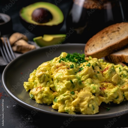 Bowl of scrambled eggs with avocado and bread on a black background