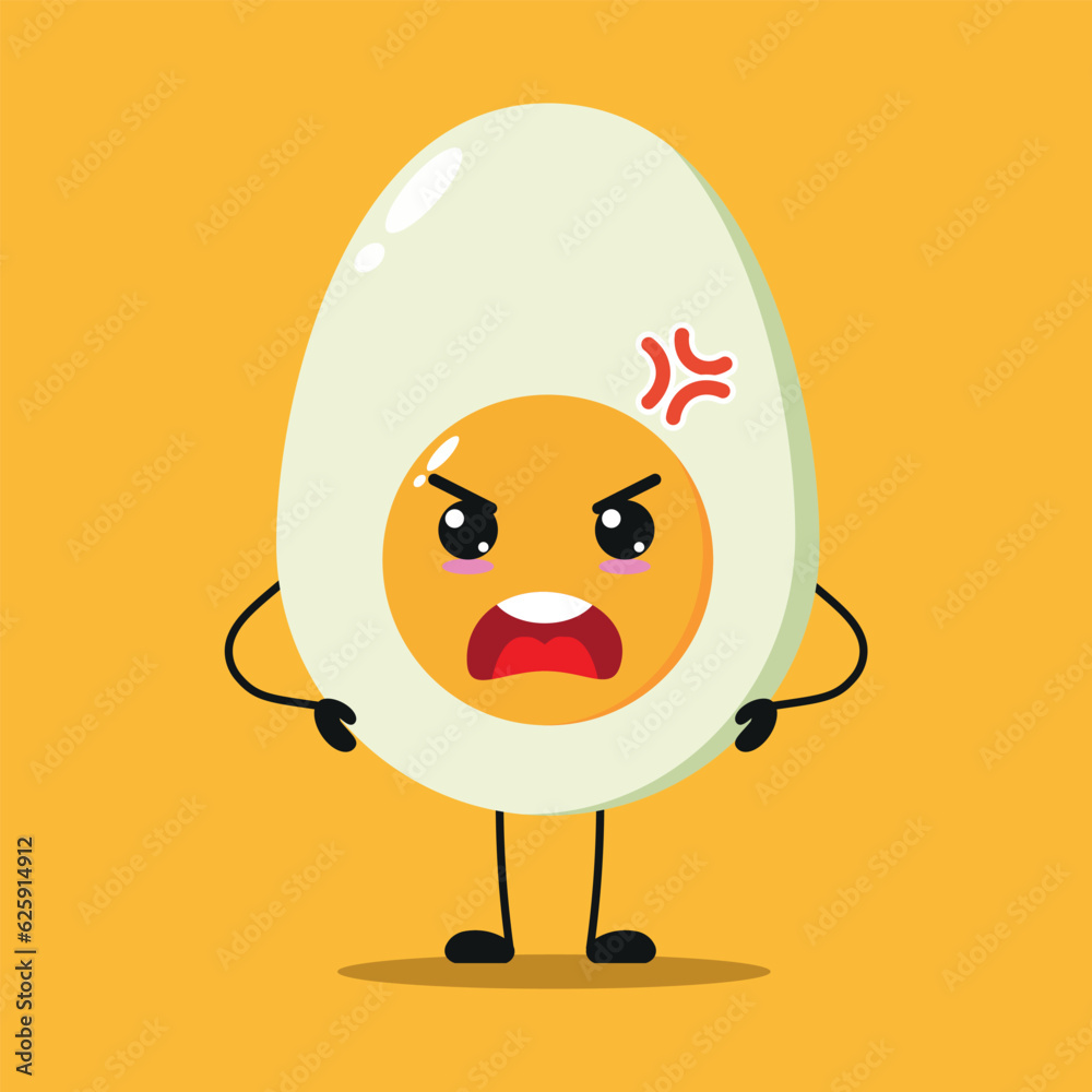 Cute angry half boiled egg character. Funny mad egg cartoon emoticon in flat style. food emoji vector illustration Cute angry half boiled egg character. Funny mad egg cartoon emoticon in flat style. food emoji vector illustration