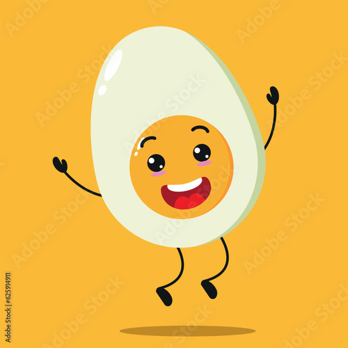 Cute happy half boiled egg character. Funny celebration, jump egg cartoon emoticon in flat style. food emoji vector illustration