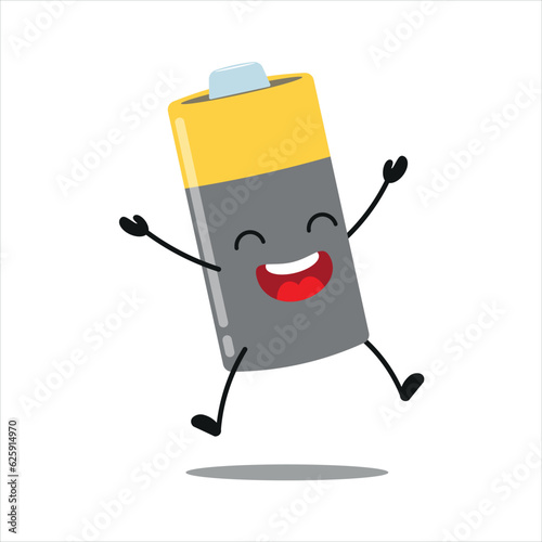 Cute happy battery character. Funny celebration jump array cartoon emoticon in flat style. power unit emoji vector illustration