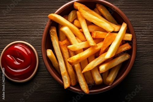 Golden French Fries with Ketchup on dark background