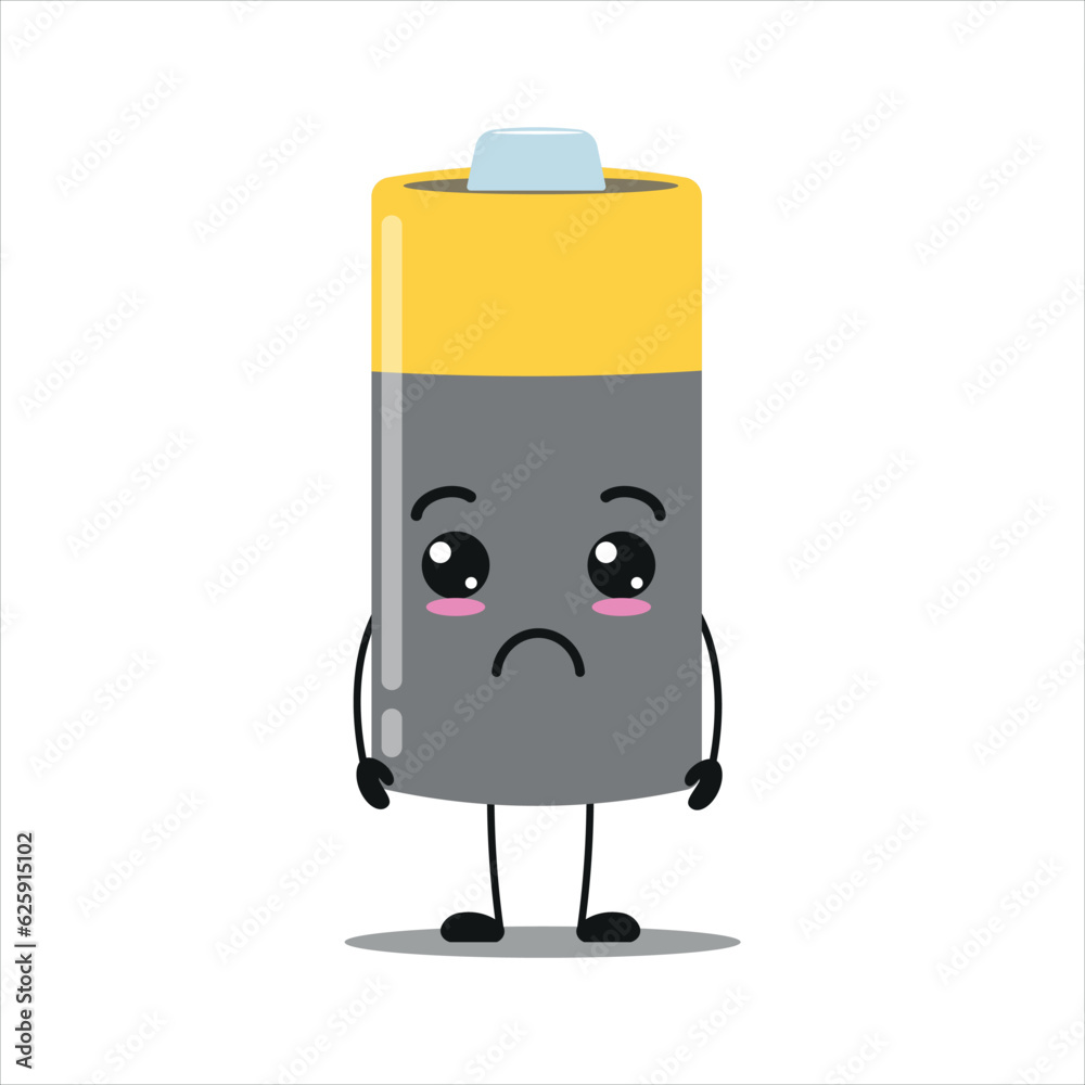 Cute sad battery character. Funny unhappy array cartoon emoticon in flat style. power unit emoji vector illustration Cute sad battery character. Funny unhappy array cartoon emoticon in flat style. power unit emoji vector illustration