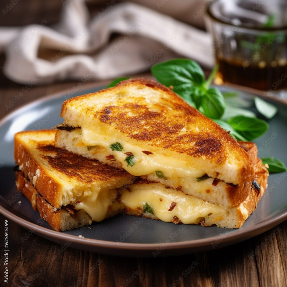 Toasted bread with cheese and thyme on a wooden table