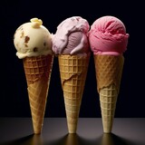 Three ice cream cones on a black background with reflection and copyspace