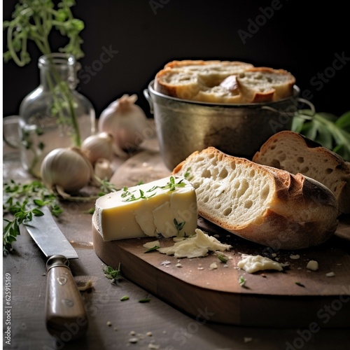 Bread with butter and garlic on a wooden table. Selective focus.
