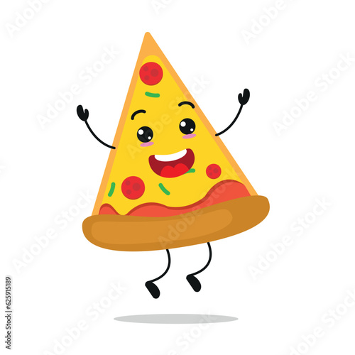 Cute happy pizza character. Funny jump pie cartoon emoticon in flat style. food emoji vector illustration