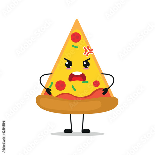 Cute angry pizza character. Funny mad pie cartoon emoticon in flat style. food emoji vector illustration