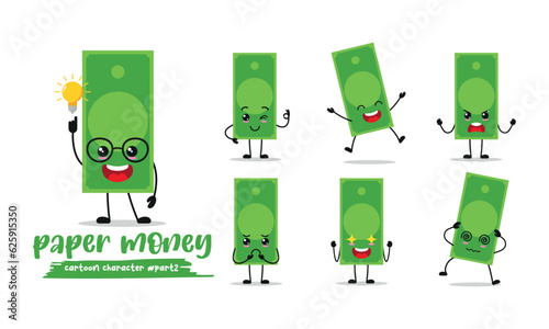 cute paper money cartoon with many expressions. different activity pose vector illustration flat design set.