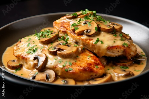 Chicken fillet with mushrooms in creamy sauce on a black background
