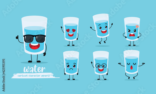 cute glass of water cartoon with many expressions. different activity pose vector illustration flat design set with sunglasses.