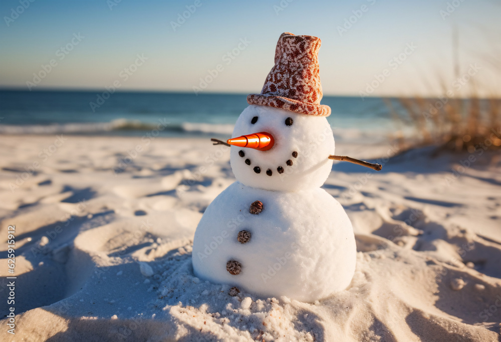 Obraz premium Snowman enjoying an unconventional beach day, generative AI