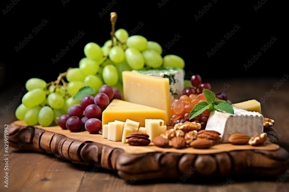 Cheese platter with grapes, nuts and honey on wooden table Cheese platter with grapes, nuts and honey on wooden table